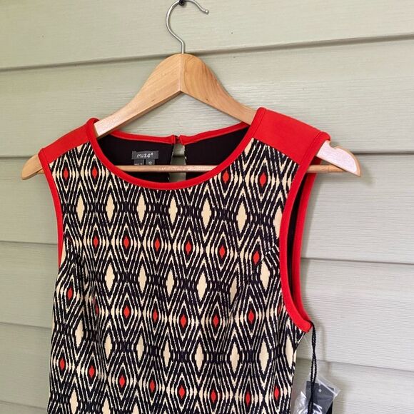 MUSE Geometric Open-Back Sheath Dress black orange Geometric dimond Sz 12 NWT - Picture 7 of 12